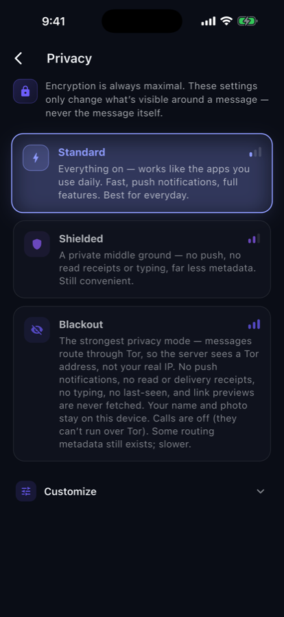 TalkOnce privacy settings on iPhone: Standard, Shielded, and Blackout levels, with a note that encryption is always maximal.